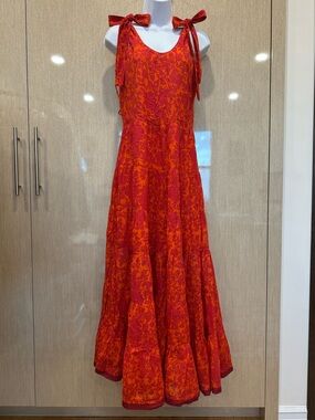 FREE PEOPLE Orange Red Floral Tie Shoulder Tiered Maxi Dress Boho Resort Cotton